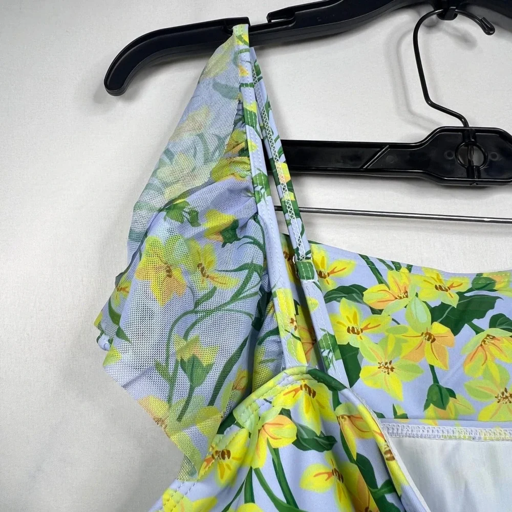 2-Piece Blue Floral Swim Dress Womens 3XL Ruched Mesh Tropical Beach Vacation